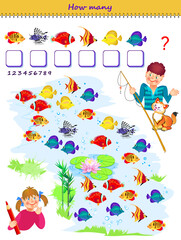 Educational page for little children. How many fishes can you find in the lake? Count the quantity and write the numbers. Printable worksheet with exercise for kids. Logic puzzle game. Vector image.