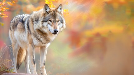 Obraz premium A majestic wolf stands gracefully amidst a vibrant autumn landscape, showcasing nature's beauty and tranquility.