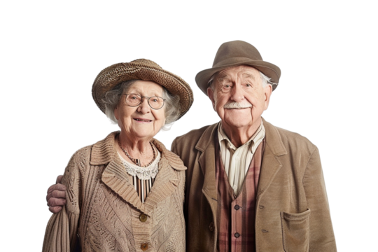 Happy grandparents wearing old fashioned clothes alone against transparent background