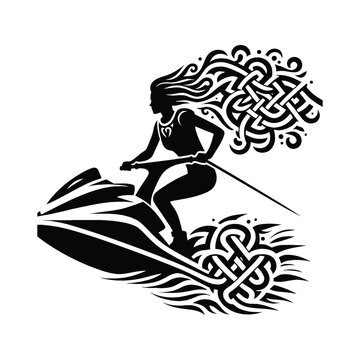 recommend clip art: Jet Skiing  female player in celtic knot pattern illustration, emblem shield badge