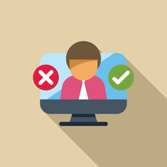 Businessman is displayed on a computer screen with yes or no buttons, representing online decision making