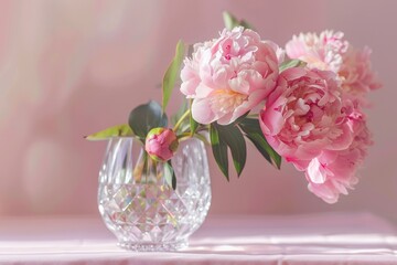 Obraz premium Peony bouquet in a crystal vase, Tabletop vase with pink flowers, AI generated
