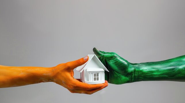 Hand painted with Indian flag colors holding a white house model on a white background, Independence Day and Republic Day, real estate celebration, housing pride