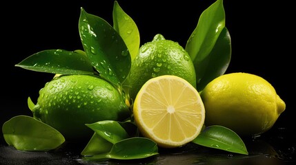 lemons and limes with green leaves