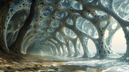  A cluster of trees stands in a sandy expanse, their roots reaching into the earth amidst a groundwater pool and encircled by grains of sand