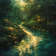 Obraz premium a stream runs through the heart of a forest, flanked by radiant trees on each side