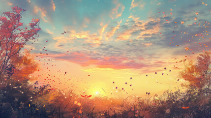 autumn sunset, sky with soft, warm colors.