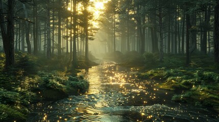 Obraz premium A stream runs through a lush, green forest teeming with numerous trees Surrounding the forest is not filled with lots of lights, but rather enveloped in natural darkness