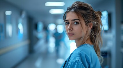 Obraz premium A woman in scrubs stands seriously in a hospital hallway, gazing at the camera