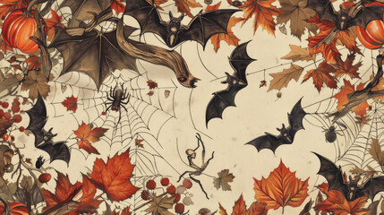 autumn creatures, such as bats and spiders, amidst a backdrop of autumn leaves and pumpkins, Halloween themed.