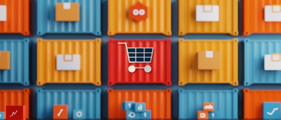 e-commerce and global shipping concept shopping cart icon on colorful shipping containers.
