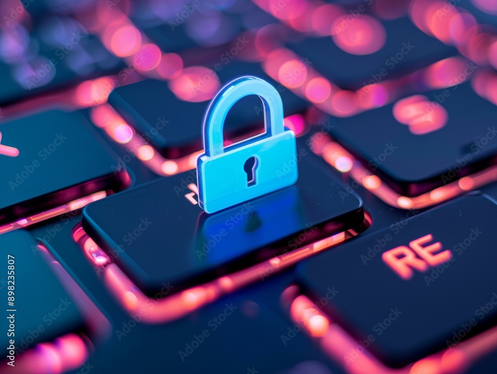 Poster blue padlock on red illuminated keyboard - cyber security and digital privacy concept.