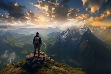 Photo of a backpacker on the top of the mountain.