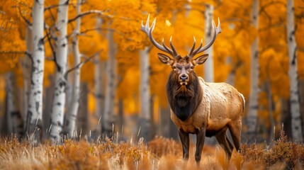 Fototapeta premium A sizable elk stands amidst a forest, surrounded by tall grass and golden-hued trees