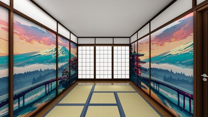 Japanese oriental tea room interior with shoji screen and tatami 3d rendering