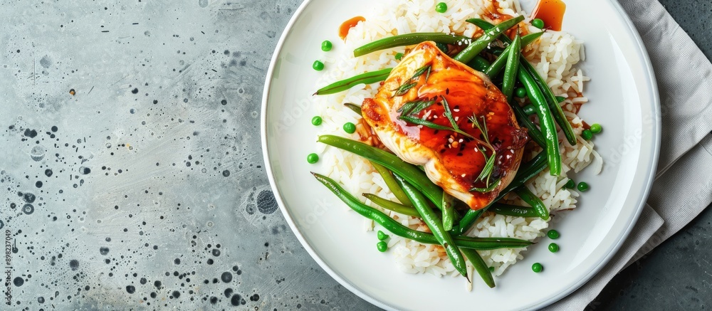 Poster asian inspired dish featuring a fish fillet accompanied by rice soy sauce and green beans elegantly 