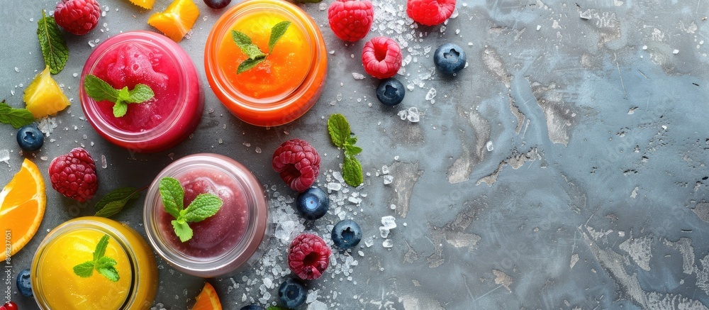Poster assortment of frozen fruit puree sticks for a healthy summer concept baby food displayed in a glass 