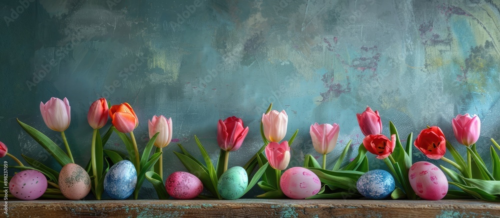 Aufkleber On an aged wooden table there is an arrangement of Easter eggs and fresh tulips creating a charming scene with copy space image