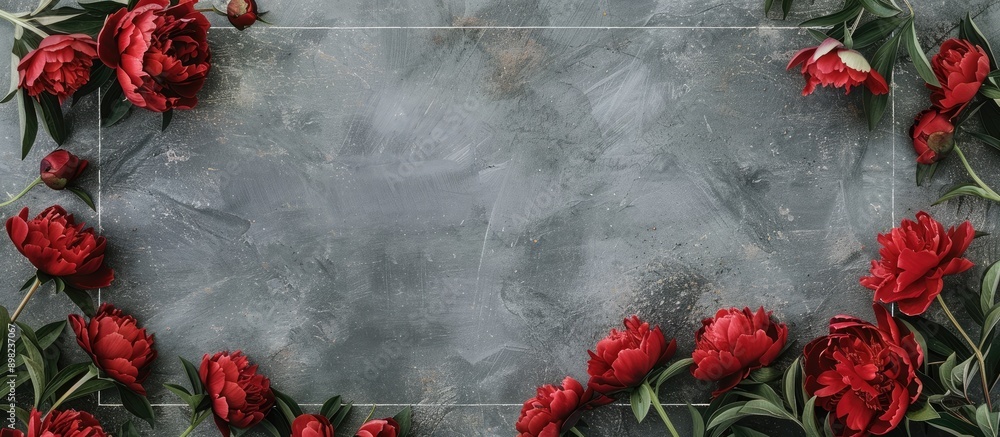 Poster flat lay composition with red peonies on a gray backdrop featuring a blank frame for text perfect fo