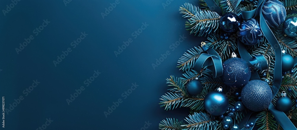 Poster A dark blue background featuring a Christmas tree adorned with blue ball ornaments and ribbons creating an ideal copy space image