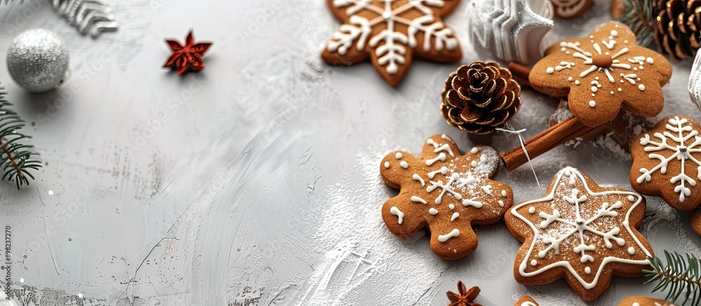 Poster top view of a christmas themed copy space image featuring gingerbread cookies and decorations in the