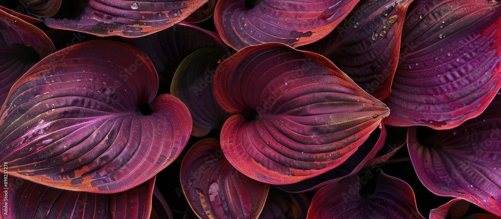 Poster deep wine colored hosta leaves host a macro image capturing intricate natural patterns with plenty o