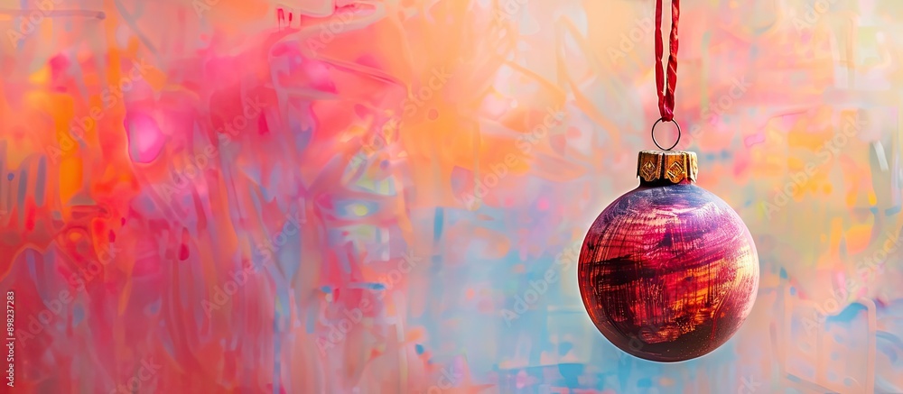 Aufkleber christmas bauble hanging from a ribbon with a wooden tree ornament on a colorful background with spa