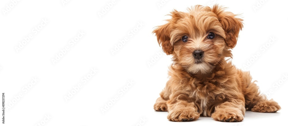 Poster Adorable Brown Maltipoo puppy isolated on a white background with a happy and funny expression suitable for advertising with ample copy space image