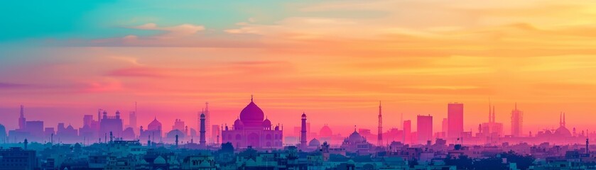 Obraz premium vibrant sunset over city skyline with majestic taj mahal silhouette in india.