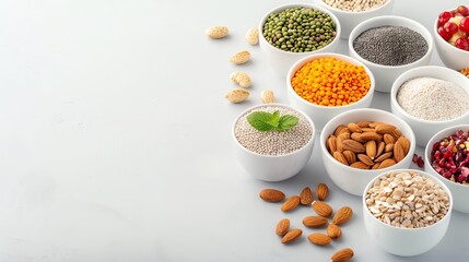 An assortment of colorful spices and nuts displayed in bowls, perfect for culinary and health-related concepts.