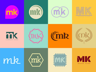 MK logo company template. Letter m and k logotype. Set different classic serif lettering and modern bold text with design elements. Initial font typography.