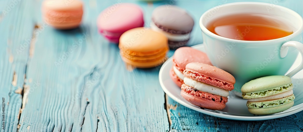 Aufkleber A vibrant array of macarons with a cup of tea in a visually appealing setting perfect for a copy space image