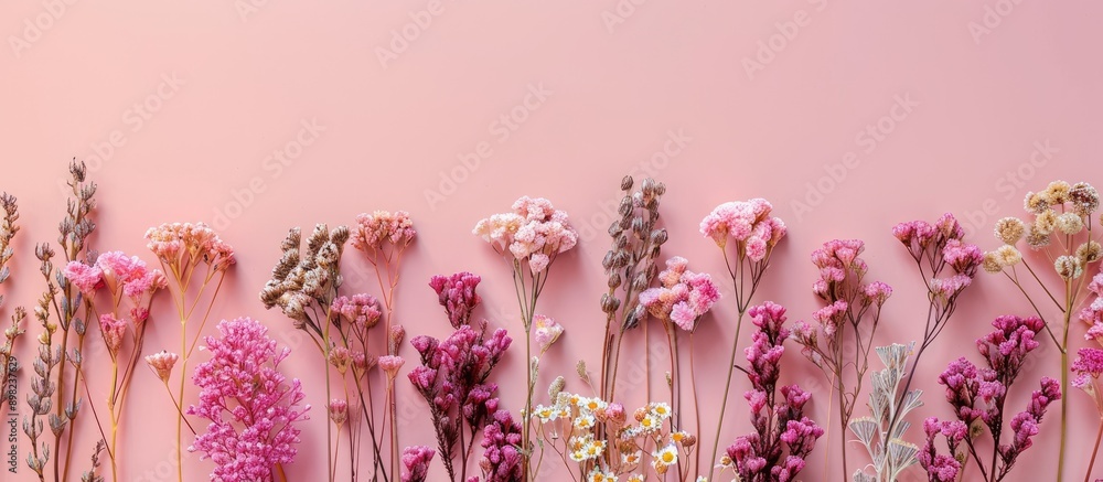 Aufkleber flat lay composition with dried flowers arranged on a soft pink background offering a minimalist aes