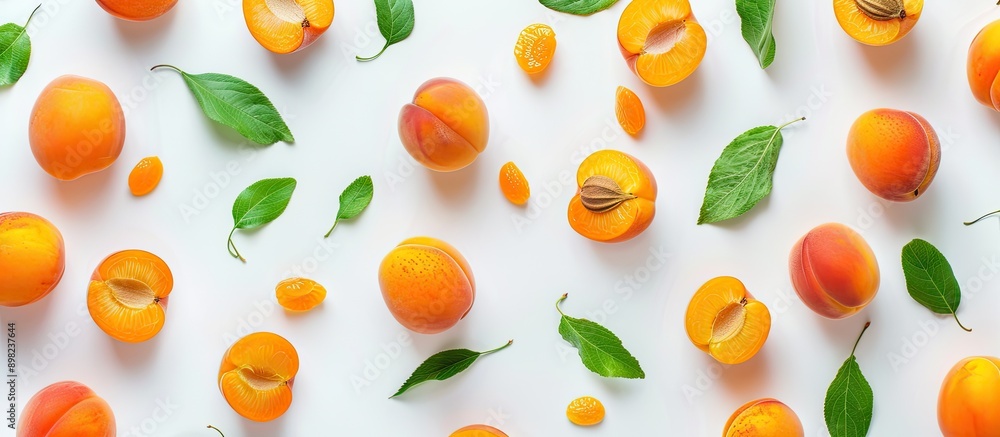Aufkleber apricot fruits with leaves isolated on a white background providing ample copy space in a top down f