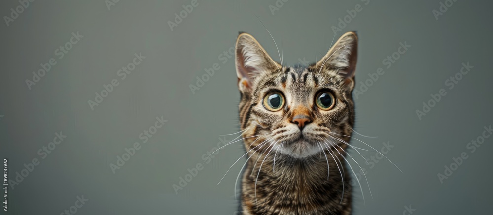 Poster Brown shorthair domestic tabby cat in front of a gray background creating a selective focus on a copy space image