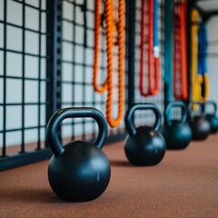 Fototapeta premium row of black kettlebells on a red rubber mat in a modern gym with colorful ropes hanging on the wall.