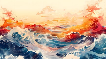 Fototapeta premium Ukoiyo-e style, Sea, minimalist design, clean lines, vibrant colors, traditional Japanese art, high detail