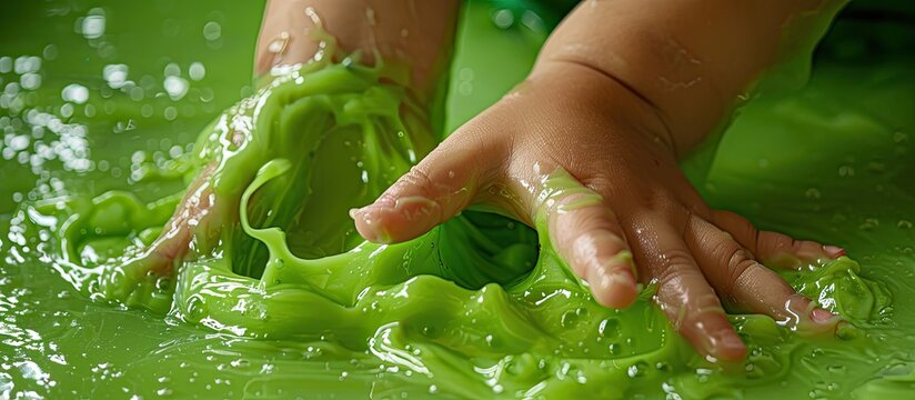 Close up view of a child s hand playing with green anti stress slime creating a soothing effect with copy space image
