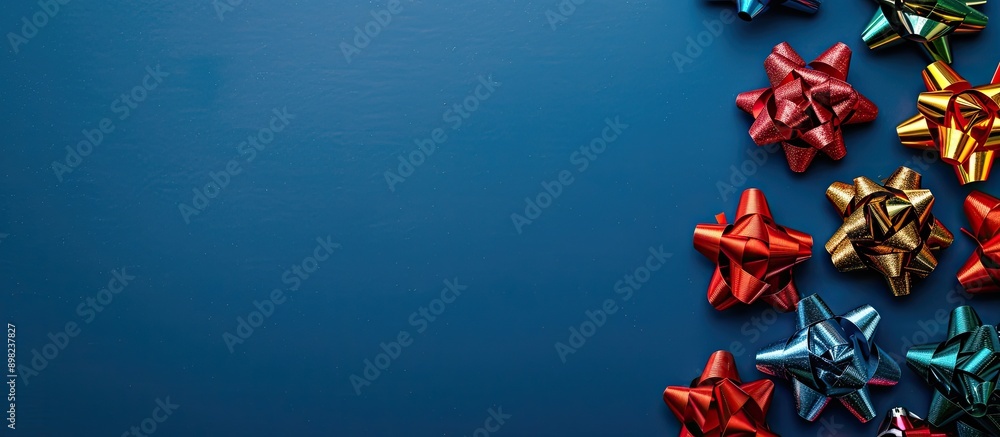 Poster colorful christmas bows on a blue background with copy space image for text creating a festive new y
