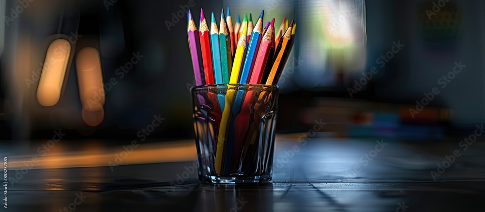 Poster dark toned image depicting colorful pencils arranged in a glass on a table with a black cup holding 