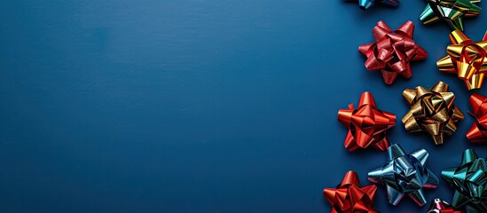 Colorful Christmas bows on a blue background with copy space image for text creating a festive New Year theme in a top down flat lay arrangement