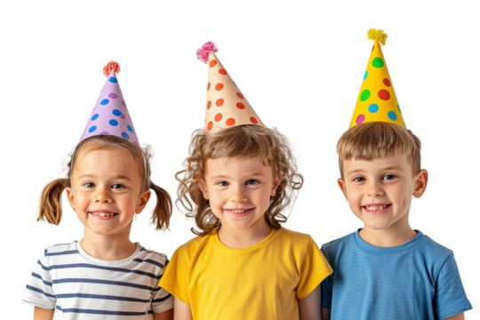 Happy kids wearing birthday hats alone against transparent background
