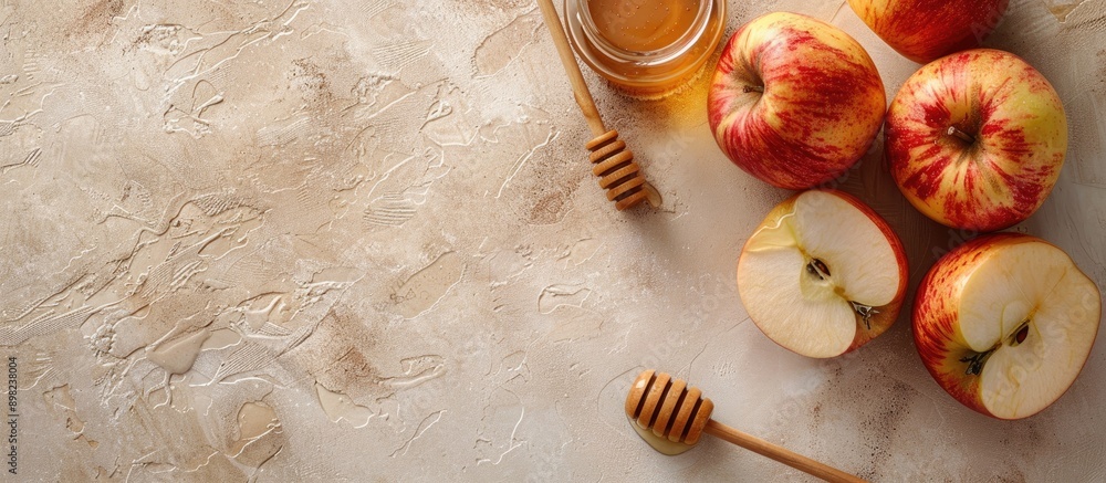 Aufkleber close up copy space image featuring tasty apples honey jar and dipper on a beige backdrop