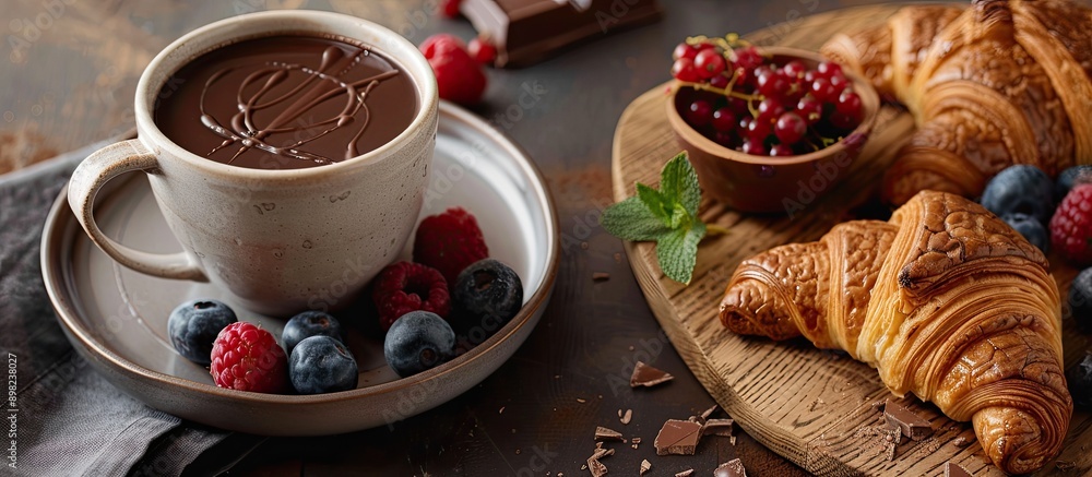 Poster a cozy image of hot chocolate with french croissants berries on a wooden board suitable for adding t