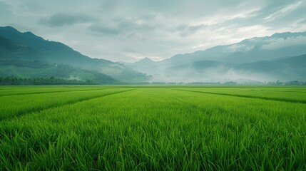 Fototapeta premium A expansive field of verdant grass stretches out before majestic mountain ranges Mountains loom in the background, their peaks reaching for distant skies Clouds scatter above, painting the