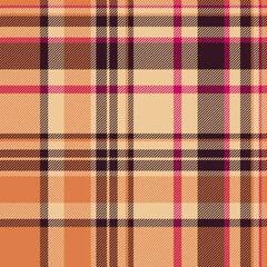 Tie seamless textile pattern, bathroom check fabric background. Vertical tartan texture vector plaid in orange and dark colors.