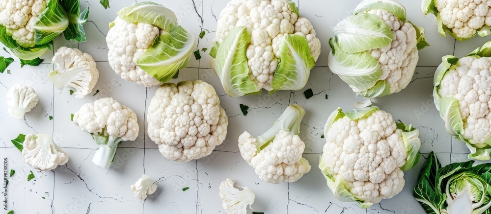 Poster Flat lay image featuring different types of cauliflower cabbages displayed on a white tiled table with copy space available