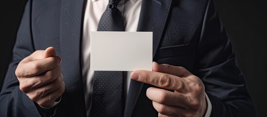 Businessman displaying a business card with copy space image