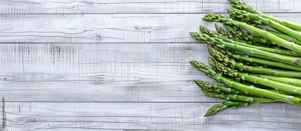 Aufkleber close up top view photo of a bunch of fresh asparagus on a white and grey wooden background with emp