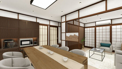 Japanese oriental living room house interior with shoji screen and modular furniture